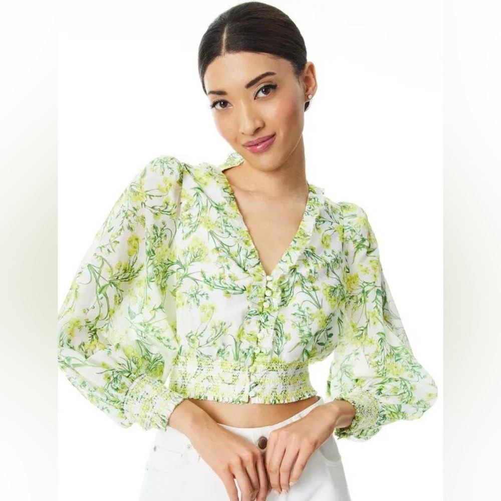 ALICE + OLIVIA  Callico Front Ruffle Smocked Waist Blouse